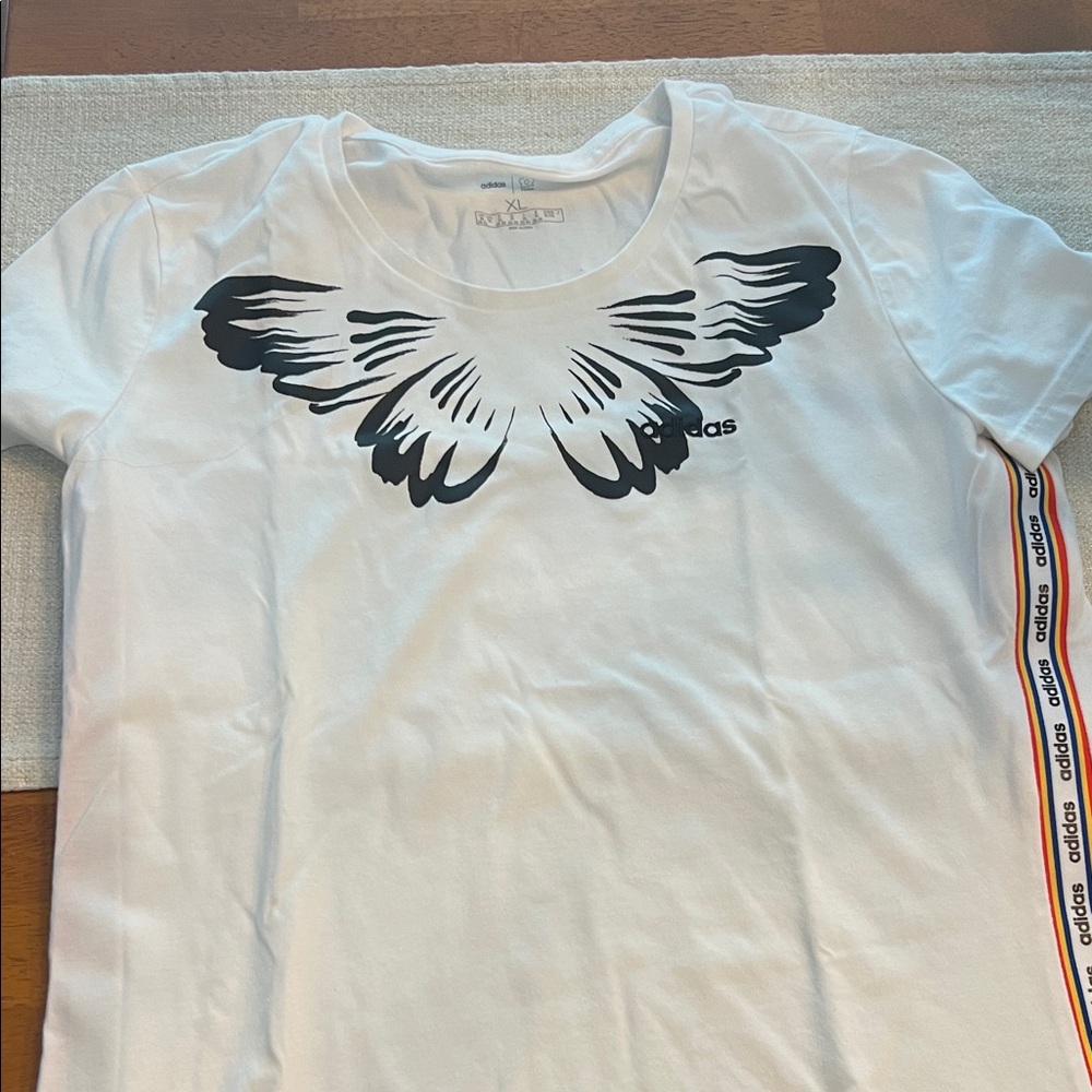 Adidas White Tee with Black Feather Graphic
